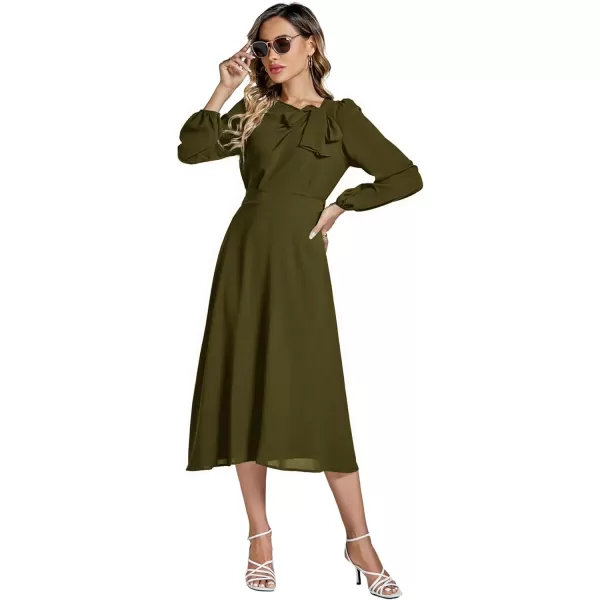LYANER Women's Elegant Bow Tie Crew Neck Puff Long Sleeve A-Line Swing Midi Dress