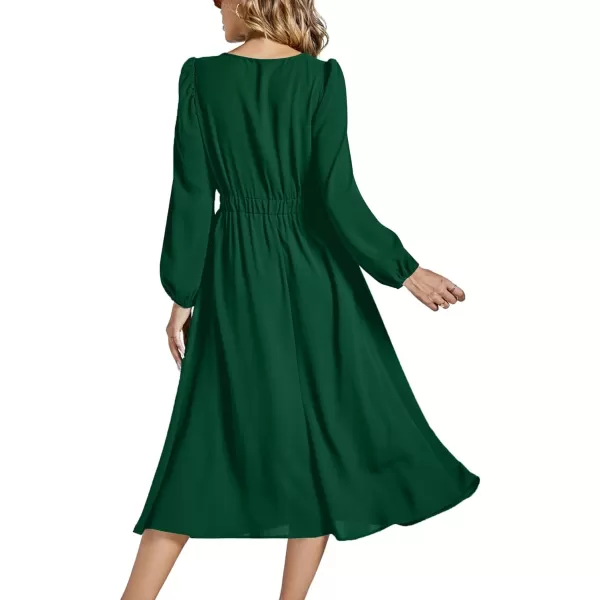 LYANER Women's Elegant Bow Tie Crew Neck Puff Long Sleeve A-Line Swing Midi Dress