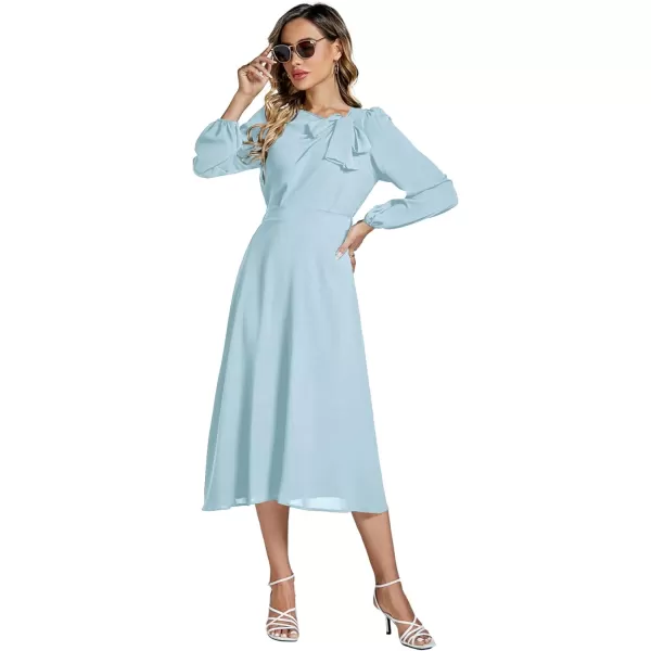 LYANER Women's Elegant Bow Tie Crew Neck Puff Long Sleeve A-Line Swing Midi Dress