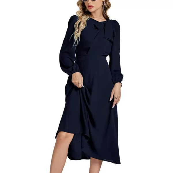 LYANER Women's Elegant Bow Tie Crew Neck Puff Long Sleeve A-Line Swing Midi Dress