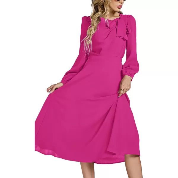 LYANER Women's Elegant Bow Tie Crew Neck Puff Long Sleeve A-Line Swing Midi Dress