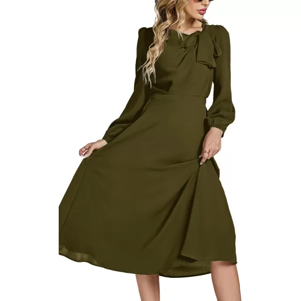LYANER Women's Elegant Bow Tie Crew Neck Puff Long Sleeve A-Line Swing Midi Dress
