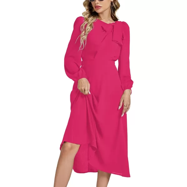 LYANER Women's Elegant Bow Tie Crew Neck Puff Long Sleeve A-Line Swing Midi Dress