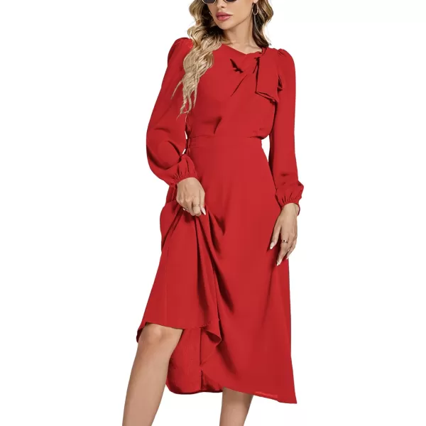 LYANER Women's Elegant Bow Tie Crew Neck Puff Long Sleeve A-Line Swing Midi Dress