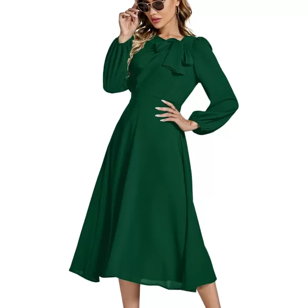 LYANER Women's Elegant Bow Tie Crew Neck Puff Long Sleeve A-Line Swing Midi Dress