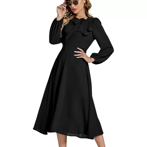 LYANER Women's Elegant Bow Tie Crew Neck Puff Long Sleeve A-Line Swing Midi Dress