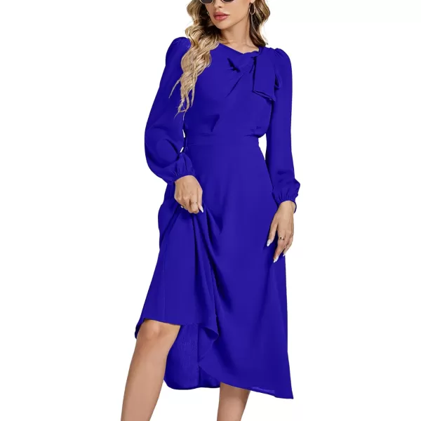 LYANER Women's Elegant Bow Tie Crew Neck Puff Long Sleeve A-Line Swing Midi Dress