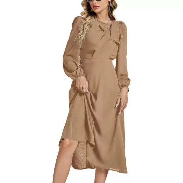 LYANER Women's Elegant Bow Tie Crew Neck Puff Long Sleeve A-Line Swing Midi Dress