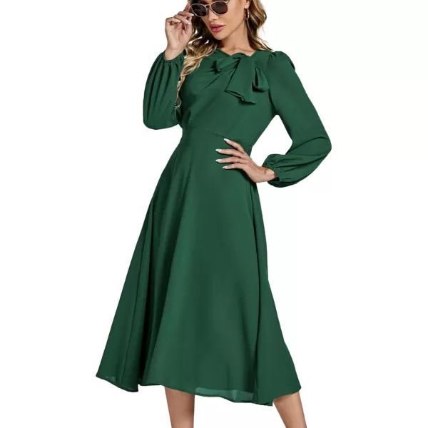LYANER Women's Elegant Bow Tie Crew Neck Puff Long Sleeve A-Line Swing Midi Dress