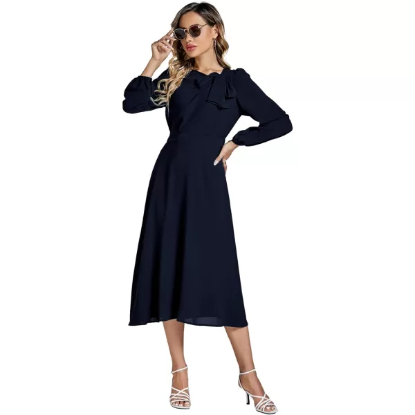 LYANER Women's Elegant Bow Tie Crew Neck Puff Long Sleeve A-Line Swing Midi Dress