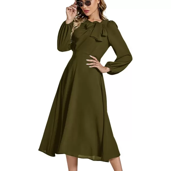 LYANER Women's Elegant Bow Tie Crew Neck Puff Long Sleeve A-Line Swing Midi Dress
