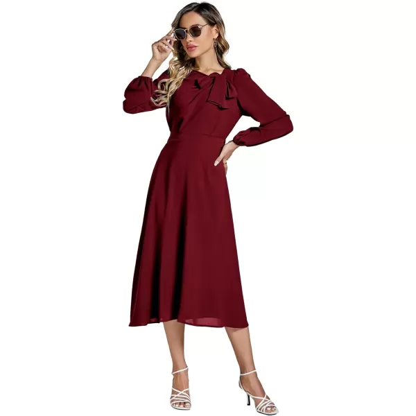 LYANER Women's Elegant Bow Tie Crew Neck Puff Long Sleeve A-Line Swing Midi Dress