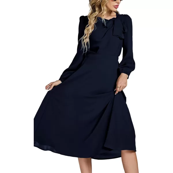 LYANER Women's Elegant Bow Tie Crew Neck Puff Long Sleeve A-Line Swing Midi Dress