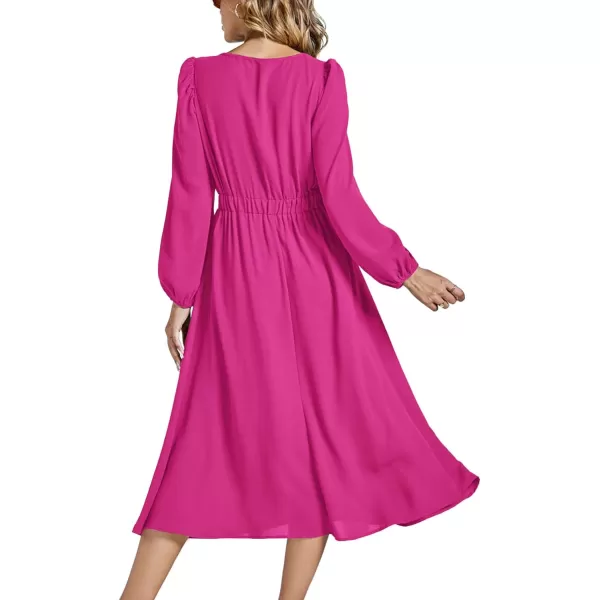 LYANER Women's Elegant Bow Tie Crew Neck Puff Long Sleeve A-Line Swing Midi Dress