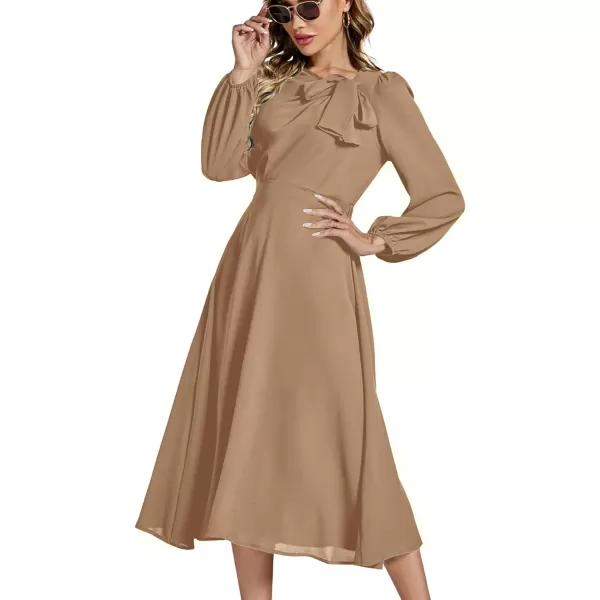LYANER Women's Elegant Bow Tie Crew Neck Puff Long Sleeve A-Line Swing Midi Dress