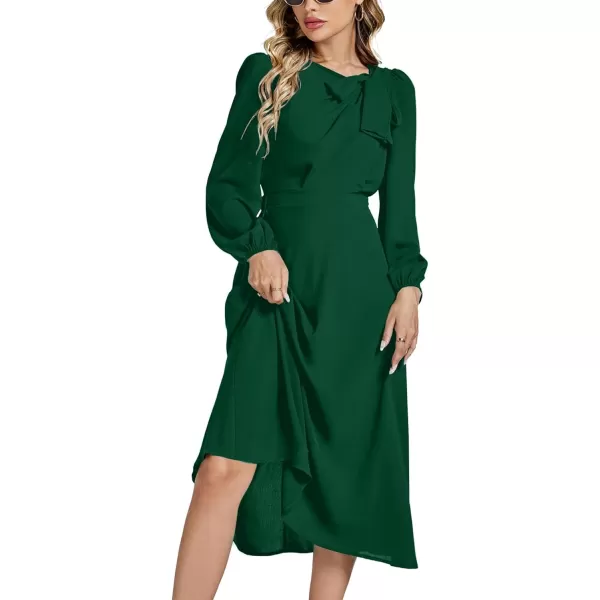 LYANER Women's Elegant Bow Tie Crew Neck Puff Long Sleeve A-Line Swing Midi Dress