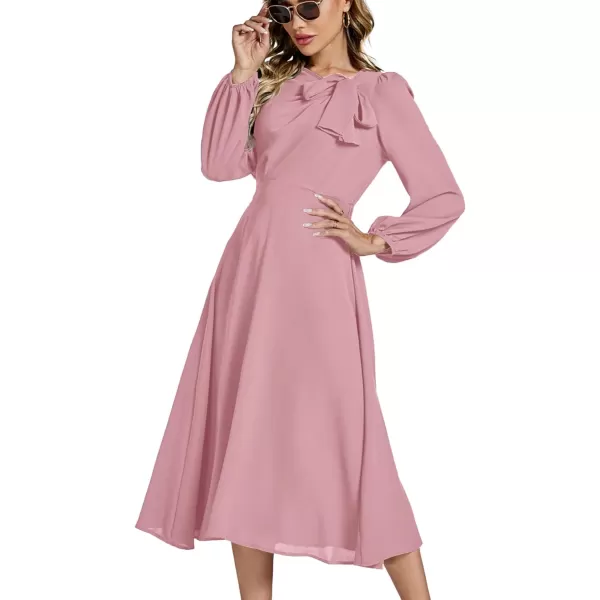 LYANER Women's Elegant Bow Tie Crew Neck Puff Long Sleeve A-Line Swing Midi Dress