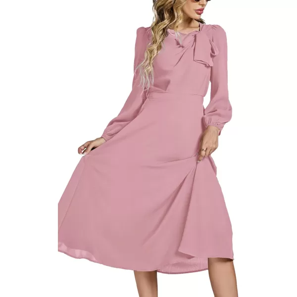 LYANER Women's Elegant Bow Tie Crew Neck Puff Long Sleeve A-Line Swing Midi Dress