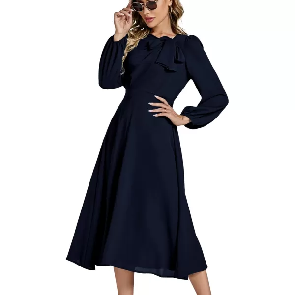 LYANER Women's Elegant Bow Tie Crew Neck Puff Long Sleeve A-Line Swing Midi Dress