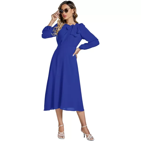 LYANER Women's Elegant Bow Tie Crew Neck Puff Long Sleeve A-Line Swing Midi Dress