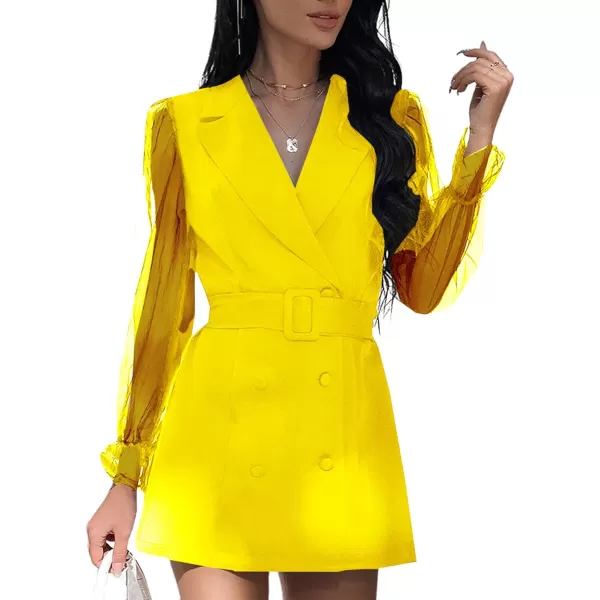 LYANER Women's Elegant Collar V Neck Lace Long Sleeve Blazer Mini Dress with Belt
