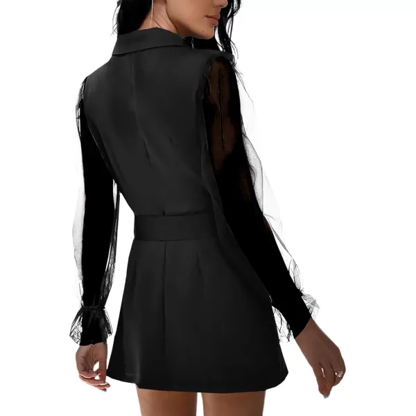 LYANER Women's Elegant Collar V Neck Lace Long Sleeve Blazer Mini Dress with Belt