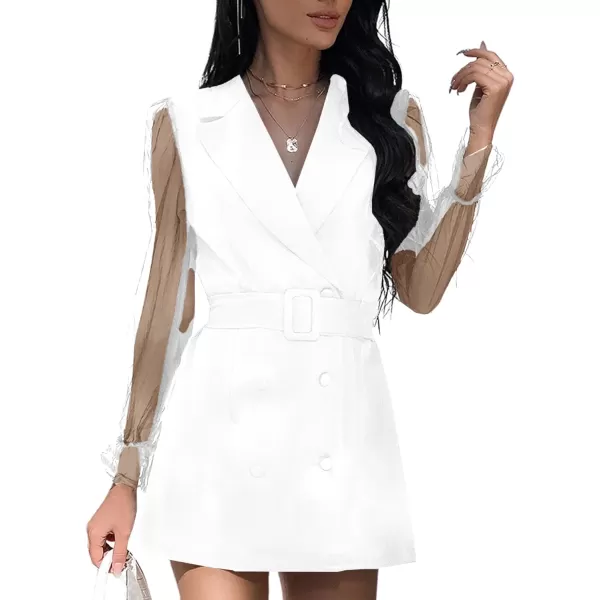 LYANER Women's Elegant Collar V Neck Lace Long Sleeve Blazer Mini Dress with Belt