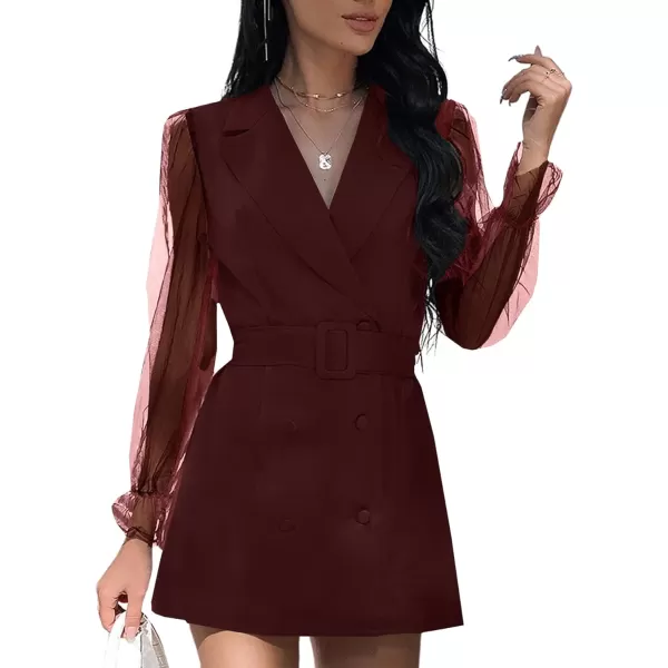 LYANER Women's Elegant Collar V Neck Lace Long Sleeve Blazer Mini Dress with Belt