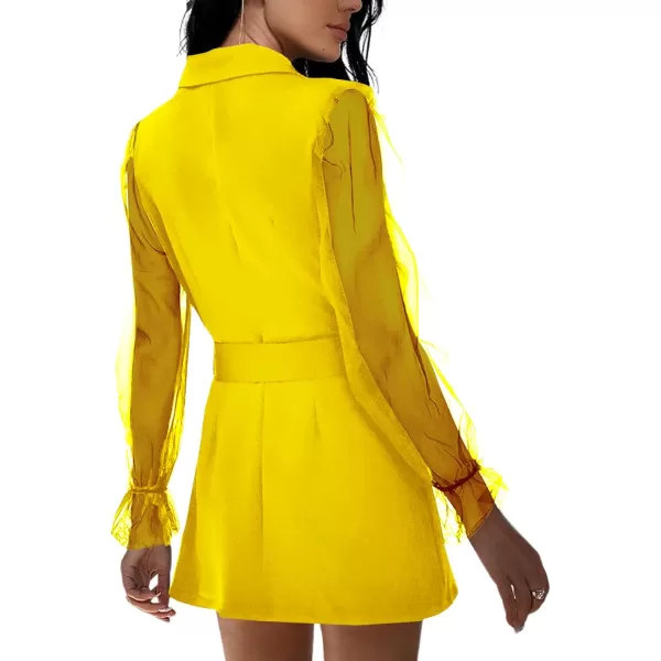 LYANER Women's Elegant Collar V Neck Lace Long Sleeve Blazer Mini Dress with Belt