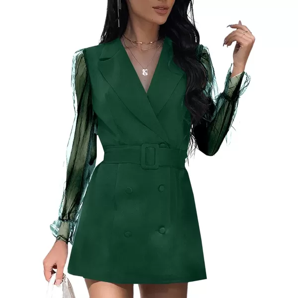 LYANER Women's Elegant Collar V Neck Lace Long Sleeve Blazer Mini Dress with Belt