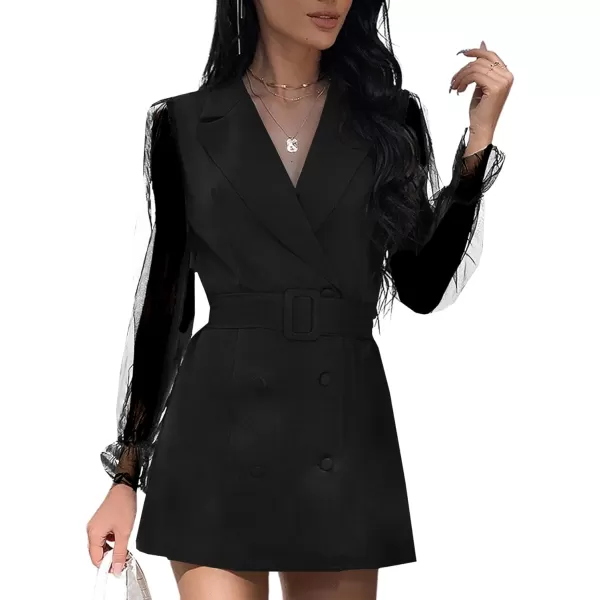 LYANER Women's Elegant Collar V Neck Lace Long Sleeve Blazer Mini Dress with Belt