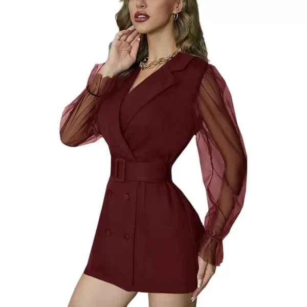 LYANER Women's Elegant Collar V Neck Lace Long Sleeve Blazer Mini Dress with Belt