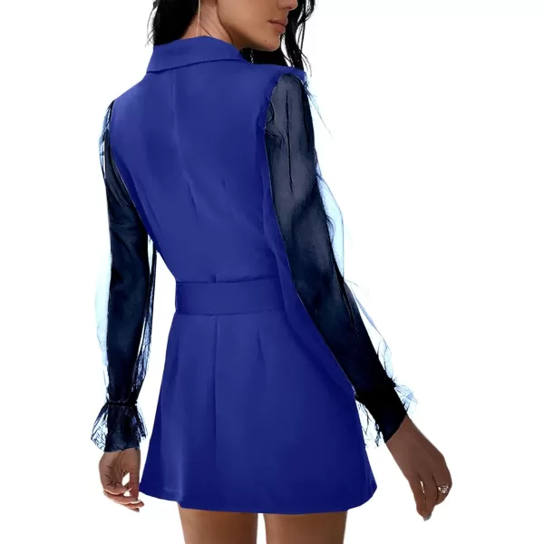LYANER Women's Elegant Collar V Neck Lace Long Sleeve Blazer Mini Dress with Belt