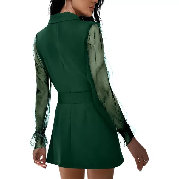 LYANER Women's Elegant Collar V Neck Lace Long Sleeve Blazer Mini Dress with Belt