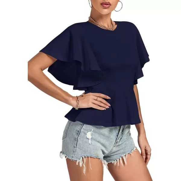 LYANER Women's Elegant Crewneck Ruffle Short Sleeve Blouse Shirt Peplum Top