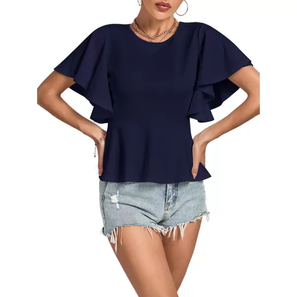 LYANER Women's Elegant Crewneck Ruffle Short Sleeve Blouse Shirt Peplum Top