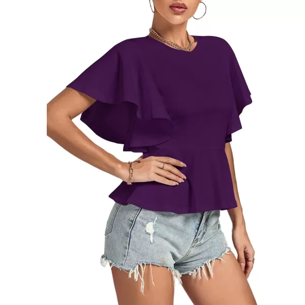 LYANER Women's Elegant Crewneck Ruffle Short Sleeve Blouse Shirt Peplum Top