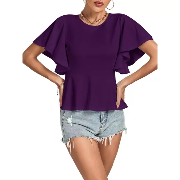 LYANER Women's Elegant Crewneck Ruffle Short Sleeve Blouse Shirt Peplum Top