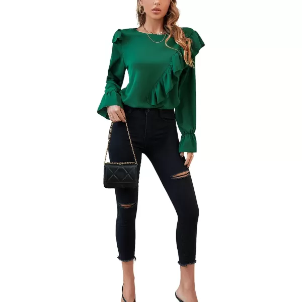 LYANER Women's Elegant Crewneck Ruffle Trim Long Sleeve Blouse Shirt Top