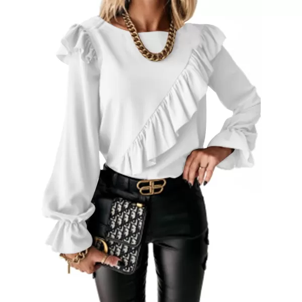 LYANER Women's Elegant Crewneck Ruffle Trim Long Sleeve Blouse Shirt Top