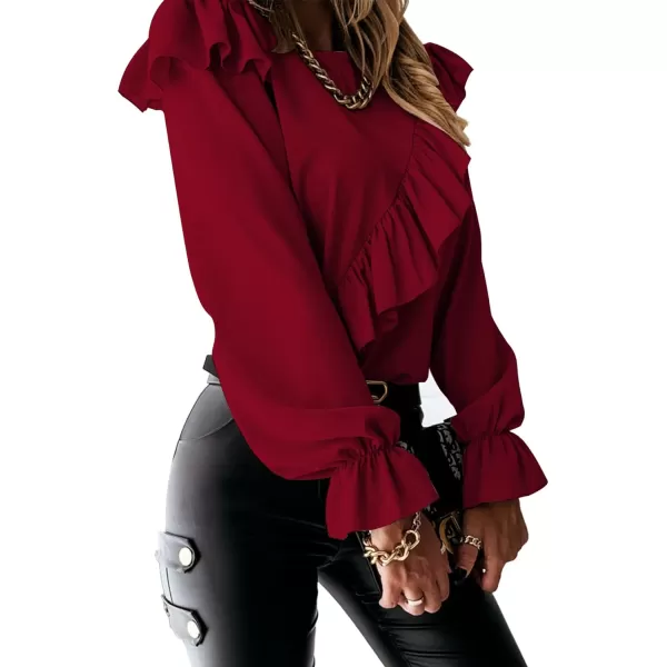 LYANER Women's Elegant Crewneck Ruffle Trim Long Sleeve Blouse Shirt Top