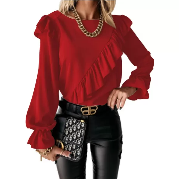 LYANER Women's Elegant Crewneck Ruffle Trim Long Sleeve Blouse Shirt Top