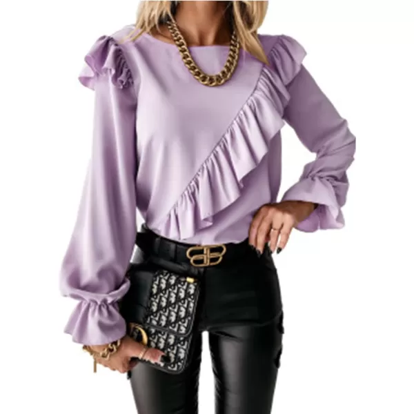 LYANER Women's Elegant Crewneck Ruffle Trim Long Sleeve Blouse Shirt Top