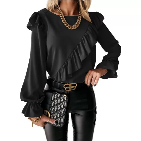 LYANER Women's Elegant Crewneck Ruffle Trim Long Sleeve Blouse Shirt Top