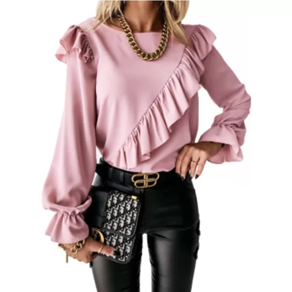LYANER Women's Elegant Crewneck Ruffle Trim Long Sleeve Blouse Shirt Top