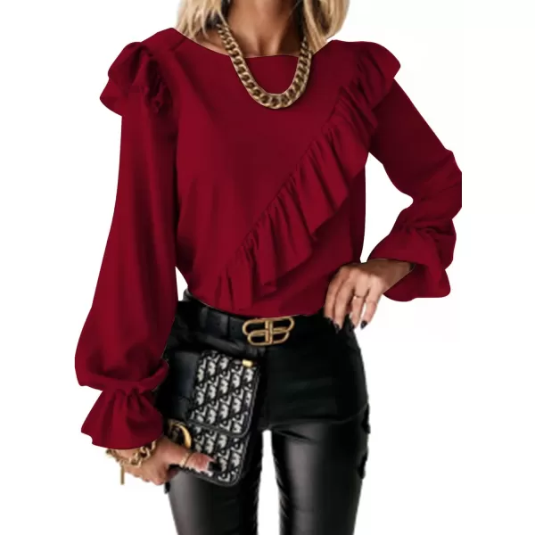 LYANER Women's Elegant Crewneck Ruffle Trim Long Sleeve Blouse Shirt Top