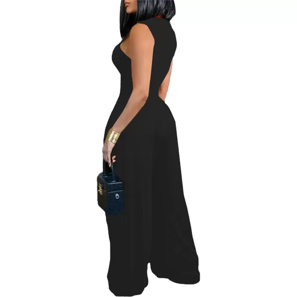 LYANER Women's Elegant Crewneck Sleeveless High Waist Long Wide Leg Pant Jumpsuit Romper