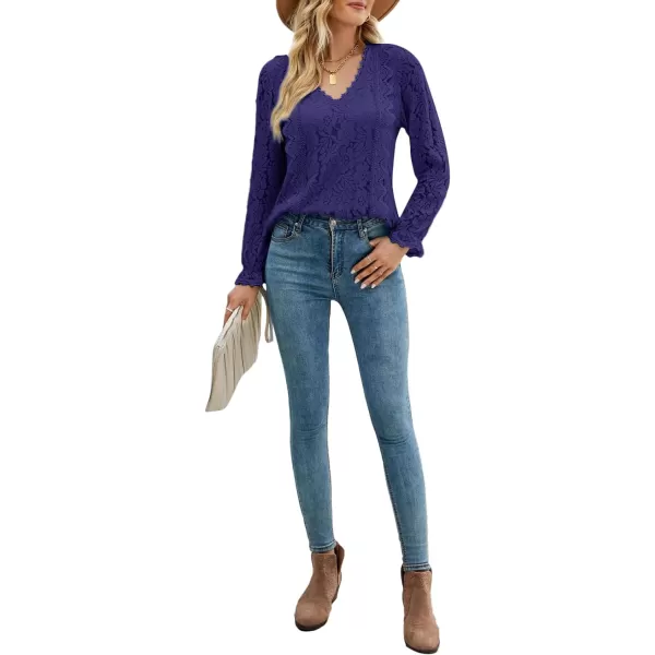 LYANER Women's Elegant Lace V Neck Lined Long Sleeve Tunic Blouse Shirt Top