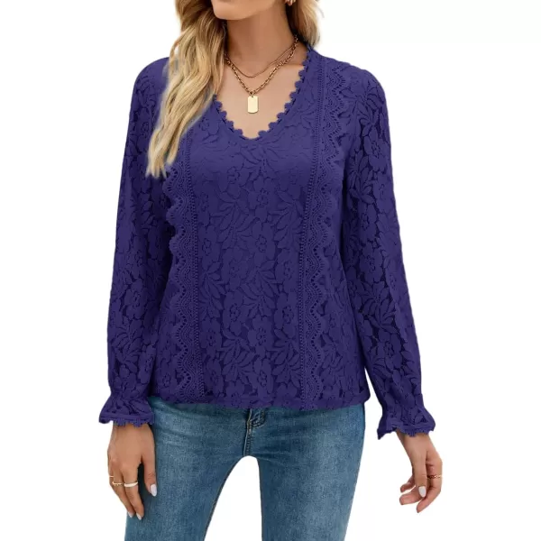 LYANER Women's Elegant Lace V Neck Lined Long Sleeve Tunic Blouse Shirt Top