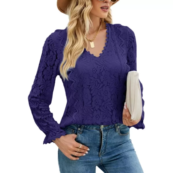 LYANER Women's Elegant Lace V Neck Lined Long Sleeve Tunic Blouse Shirt Top